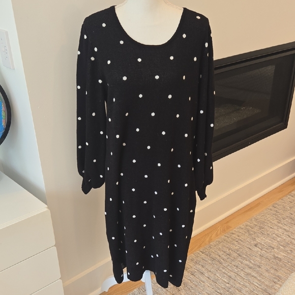 Nina Leonard Black Polka Dot Sweater Dress - Size Large - Picture 1 of 4